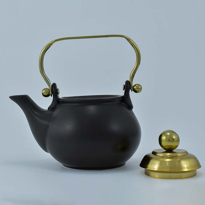 AART Handmade Terracotta Tea pot Black with Golden lid and handl